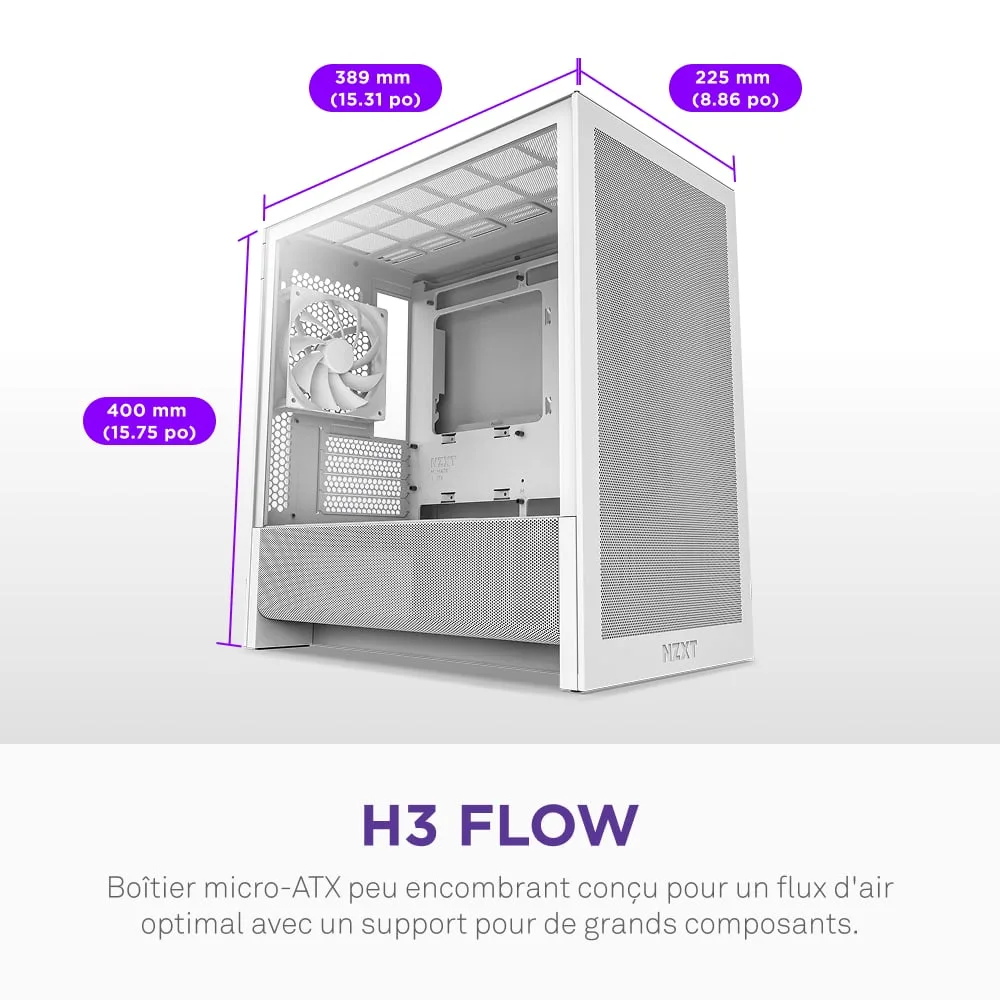 NZXT H3 Flow Blanc - MT/Sans Alim/mATX, vue 6
