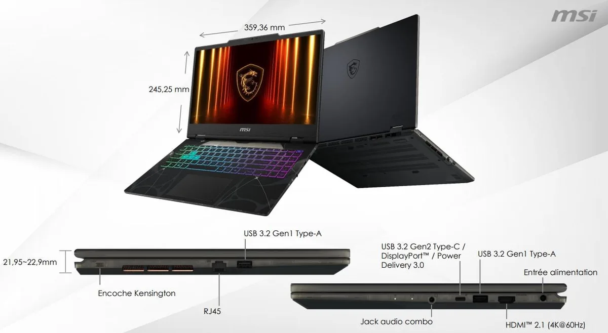 MSI Cyborg 15 B2RWEKG-400XFR - 15.6" Intel Core 5 210H RTX 5050 16Go 512Go Sans OS-Seconde Vie-Très Bon, vue 5