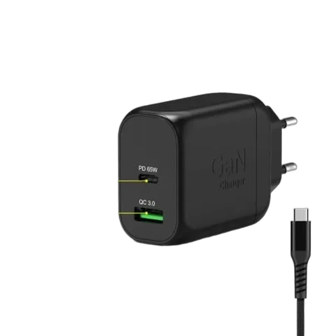 Port Chargeur mural GaN 65W - 2 ports + Câble USB-C 2m