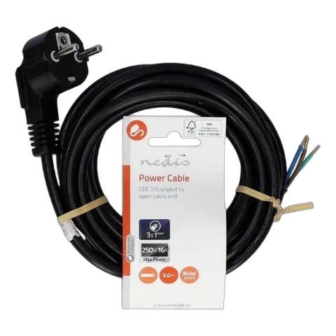 Nedis Câble d'alimention prise de terre mâle - Open - Coudé - 3m - Noir
